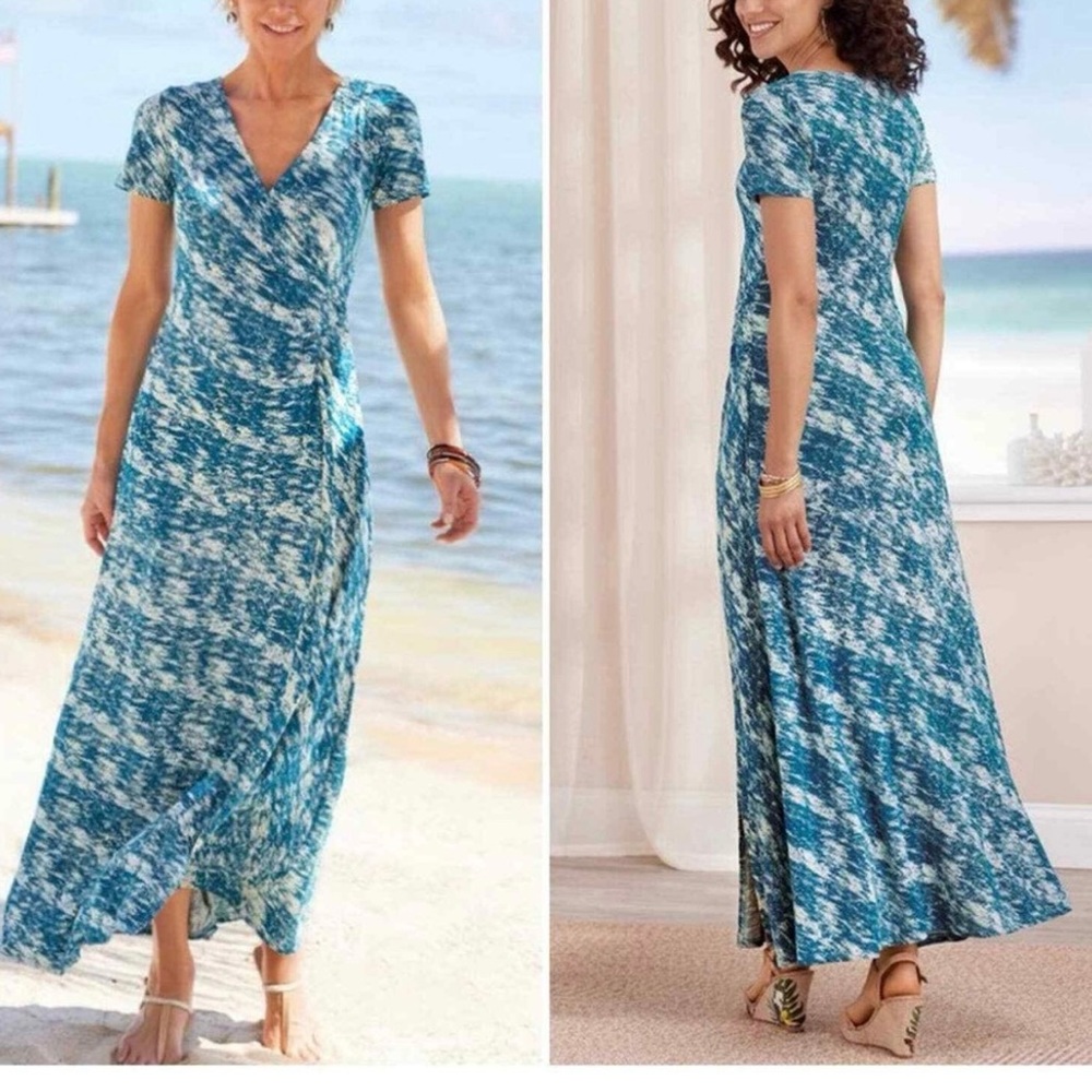 SOFT SURROUNDINGS NWT "Joanna" Resort Party Abstract Teal/Wht Faux Wrap Maxi 1X - Picture 3 of 16